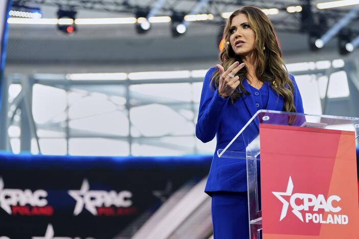 Homeland Security Secretary Kristi Noem speaks at the Conservative Political Action Conference, CPAC, on Tuesday, in Jasionka, Poland.
