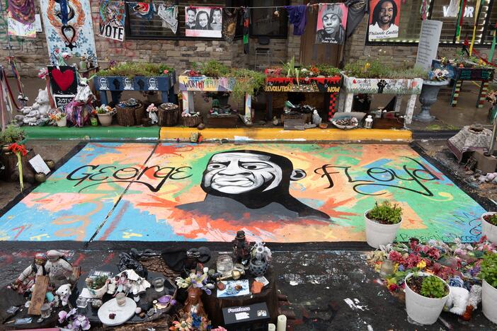 A mural of George Floyd marks the place where he was murdered by Minneapolis police near the intersection of 38th Street and Chicago Avenue, Tues., May 20, 2025, in Minneapolis, Minn. During the past five years, the intersection, which has come to be known as George Floyd Square, has served as a memorial space for all those who have died at the hands of law enforcement.