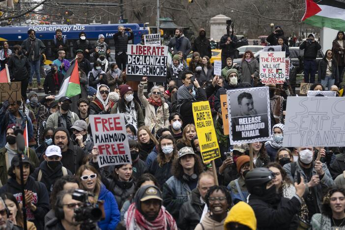 A rally for pro-Palestinian activist Mahmoud Khalil in New York in March. He's been detained in an immigration detention center in Louisiana as the government tries to deport him.