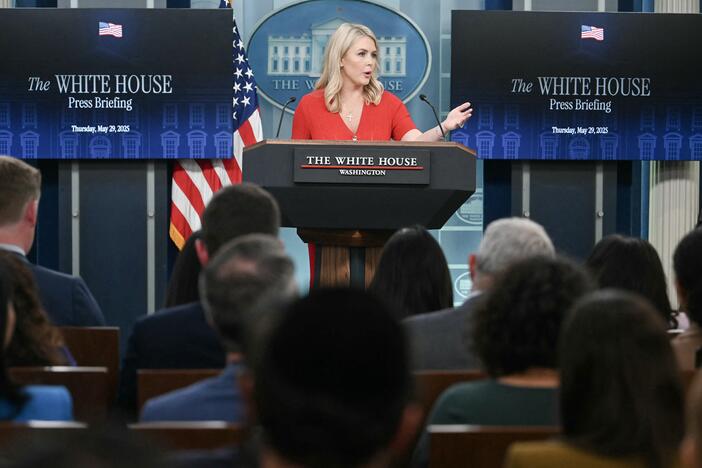 White House press secretary Karoline Leavitt speaks during the daily briefing on Thursday. The National Association of the Deaf is suing the White House to require American Sign Language interpreters to be present at briefings.