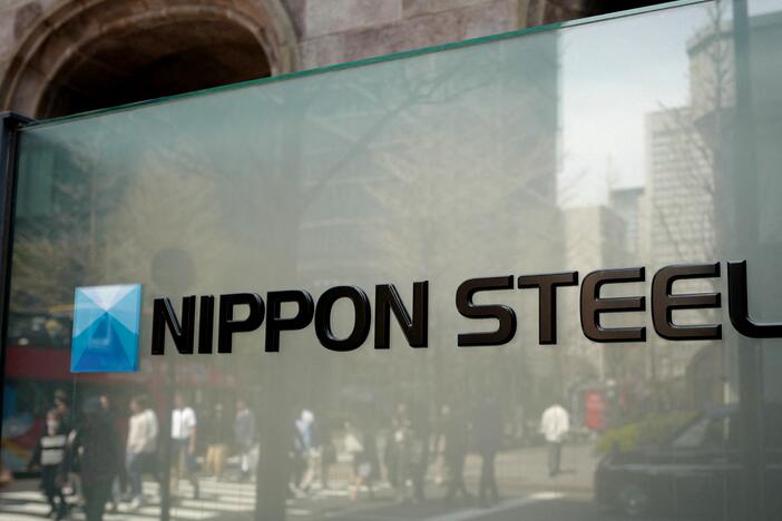 The logo of Japan's largest steel manufacturer Nippon Steel corporation is seen in front of the company's head office in Tokyo on April 10.