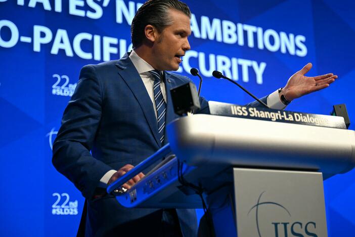 U.S. Secretary of Defense Pete Hegseth delivers an address at the Shangri-La Dialogue Summit in Singapore on Saturday.