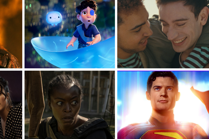 Clockwise left to right: Ana de Armas as Eve in <em>Ballerina</em>. Elio (voiced by Yonas Kibreab) and a liquid supercomputer (voiced by Shirley Henderson) in the new Pixar movie <em>Elio</em>. Archie Madekwe and Théodore Pellerin in <em>Lurker</em>. David Corenswet as Superman. Danielle Deadwyler in <em>40 Acres</em>.  Aubrey Plaza as MG Falcone and Margaret Qualley as Honey O'Donahue in <em>Honey Don't! </em>