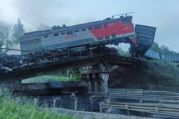 This photo released by Acting Governor of the Kursk Region Alexander Khinshtein telegram channel on Sunday, June 1, 2025, shows a view of a damaged bridge after the crash of a freight train in Russia's Kursk region, which borders Ukraine.