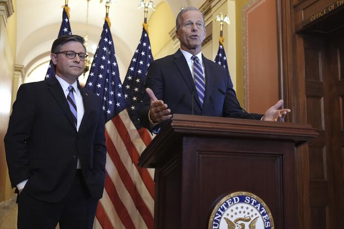 Speaker of the House Mike Johnson, R-La., left, and Senate Majority Leader John Thune, R-S.D., speak to reporters the U.S. Capitol on April 10. The Senate hopes to pass legislation in the coming weeks to enact President Trump's domestic policy priorities — a bill that has already cleared the House.