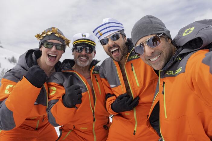 Cory Michael Smith, left, Steve Carell, Ramy Youssef and Jason Schwartzman star in HBO's <em>Mountainhead.</em>