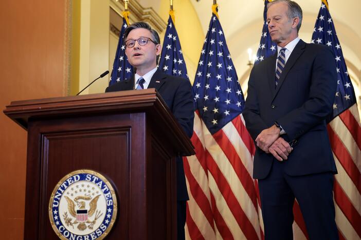 U.S. Speaker of the House Mike Johnson (R-LA) (L) and Senate Majority Leader John Thune (R-SD) speak at a press conference on the Republican budget bill at the U.S. Capitol on April 10 in Washington, D.C.