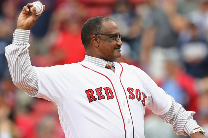 Former Boston Red Sox player Jim Rice throws out the ceremonial first pitch before game four of the American League Division Series between the Houston Astros and the Boston Red Sox at Fenway Park on October 9, 2017 in Boston, Massachusetts. (Photo by Elsa/Getty Images)