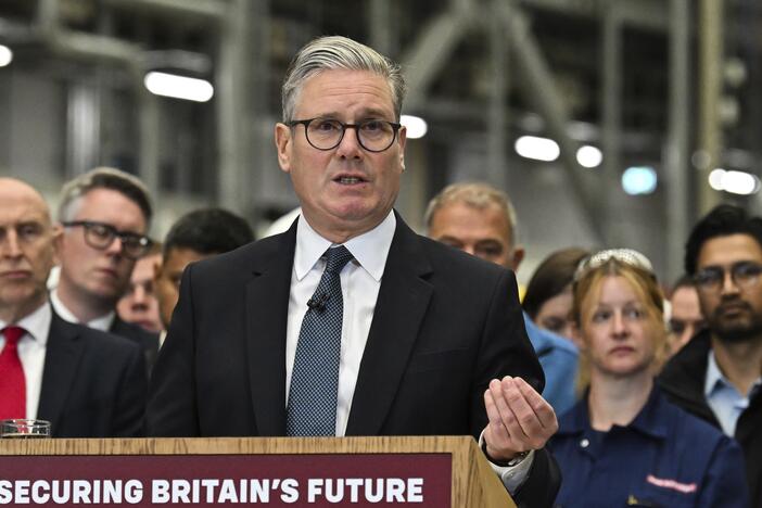 Britain's Prime Minister Keir Starmer delivers his speech during a visit to the BAE Systems'Govan facility, in Glasgow, Scotland on Monday.