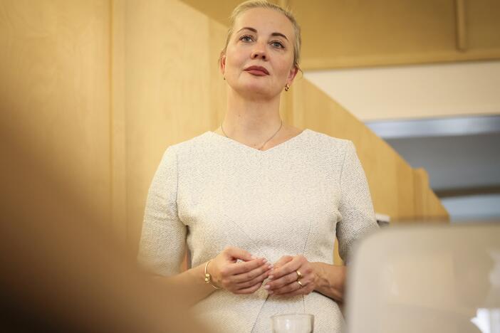 Yulia Navalnaya, widow of Russian opposition leader and activist Alexei Navalny, presents her television project at the Reporters Without Borders headquarters on Tuesday in Paris.