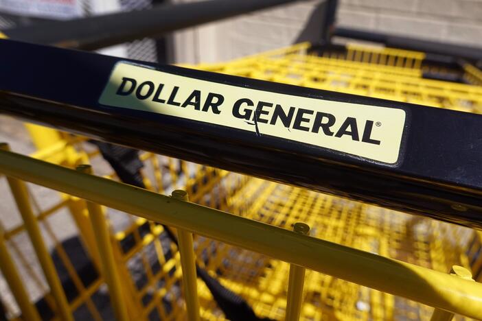 Shopping carts sit outside of a Dollar General store in Chicago.