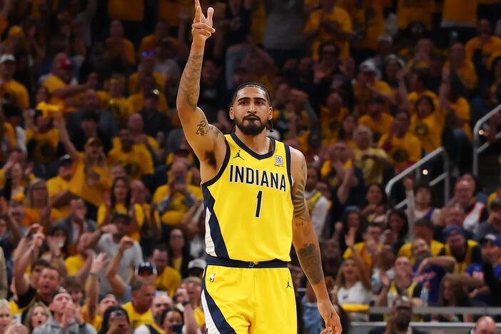 Obi Toppin of the Indiana Pacers celebrates a basket against the New York Knicks during Game Six of the Eastern Conference Finals of the 2025 NBA Playoffs on Saturday in Indianapolis. The Pacers defeated the Knicks 4-2 to advance to the NBA Finals against the Oklahoma City Thunder.