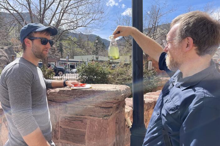 James Henriksen with Colorado State University holds up a water sample for Harvard colleague Braden Tierney. The bag is teeming with microbes that they hope may help solve some of humanity's big problems.