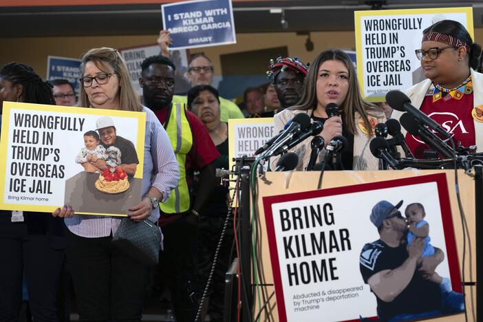 Jennifer Vasquez Sura speaks during an April 4 news conference at CASA's Multicultural Center in Hyattsville, Md., after her husband, Kilmar Abrego Garcia, was mistakenly deported to El Salvador.