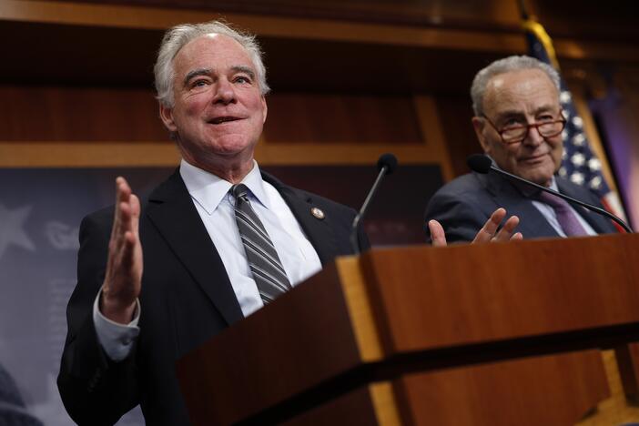 U.S. Sen. Tim Kaine (D-VA) (L) speaks alongside Senate Minority Leader Charles Schumer (D-NY) at a press conference at the U.S. Capitol on April 02, 2025 in Washington, DC.