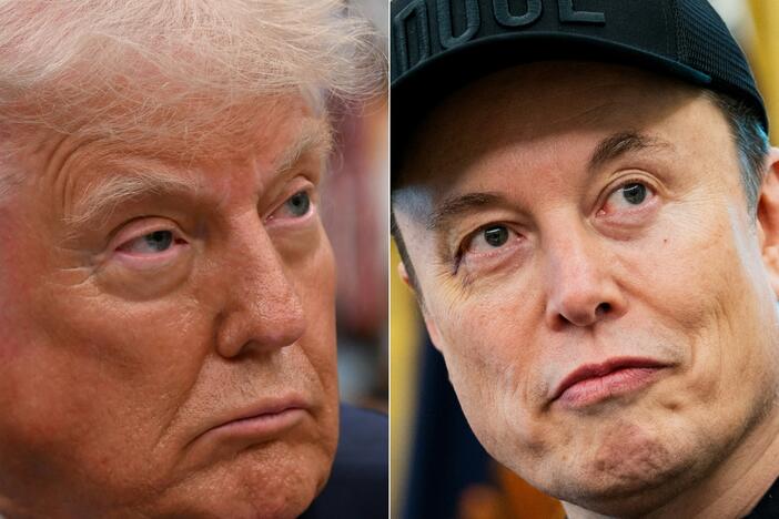 This combination of pictures created on June 5 shows U.S. President Donald Trump in the Oval Office of the White House, in Washington, D.C., on May 5 and Elon Musk in the Oval Office of the White House in Washington, D.C., on May 30. President Donald Trump said on June 5 that he asked "crazy" Elon Musk to leave his administration and threatened to take away the tech tycoon's government contracts, as a growing row over the U.S. president's budget bill triggered a bitter public divorce with his top donor.