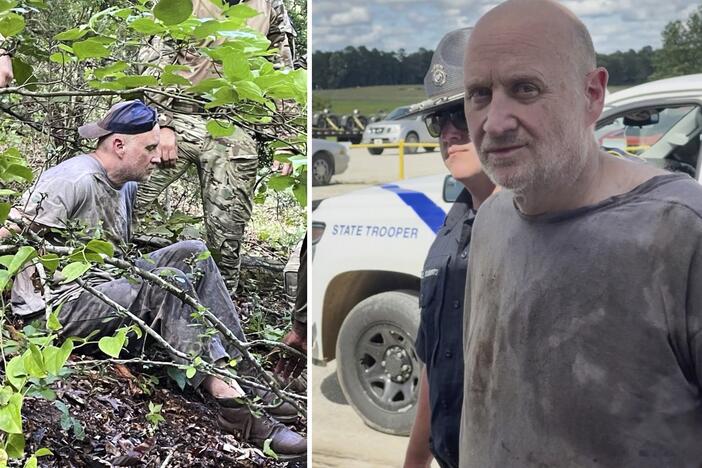 This combo of images released by the Arkansas Department of Corrections shows the recapture of escaped inmate Grant Hardin, an ex-police chief and convicted killer, by Arkansas law enforcement officers and the U.S. Border Patrol on Friday, near Moccasin Creek in Izard County, about 1.5 miles northwest of Calico Rock prison.