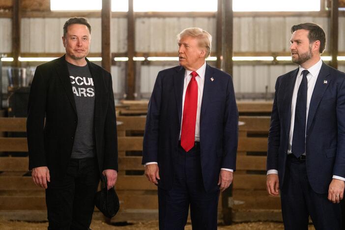 President Donald Trump, center, and Vice President JD Vance, right, and Elon Musk met backstage prior to a presidential campaign event at the Butler Farm Show in Butler, Pa., on Oct. 5, 2024.