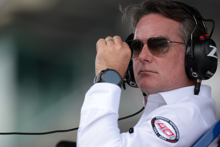 Jeff Gordon, Vice Chairman of Hendrick Motorsports looks on from the pit box during the NASCAR Cup Series Brickyard 400 at Indianapolis Motor Speedway on July 21, 2024 in Indianapolis, Indiana. (Photo by James Gilbert/Getty Images)
