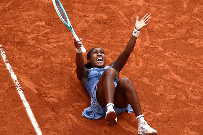 Coco Gauff celebrates after winning her women's singles final match against Belarus' Aryna Sabalenka at the French Open tennis tournament in Paris on Saturday.