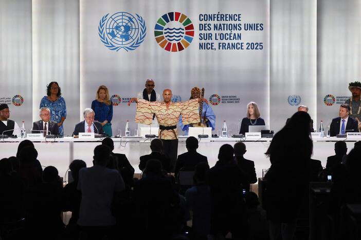 Traditional dancers perform during the opening session of the third United Nations Ocean Conference, which gathers leaders, researchers and activists to discuss how to protect marine life until June 13, in the southern French city of Nice, on Monday.