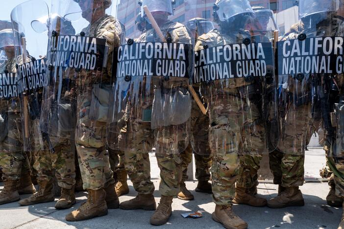 The National Guard stands outside of a downtown jail in Los Angeles following clashes with police during a series of immigration raids on June 08 in Los Angeles, California.