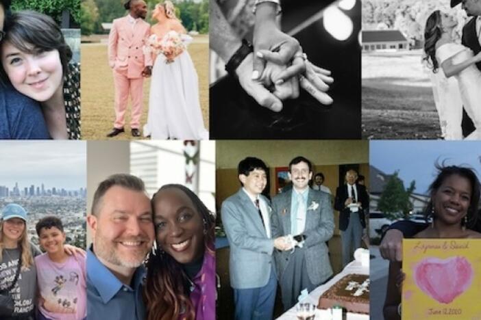Top row (left to right): Ayla Ludwig and her husband, Alia and Donovan Campbell, two hands showing matching tattoos on the ring finger, and Nina and Daniel Solis. Bottom row (left to right): Stacey Manley and his family, Isaiah Schauer and his wife, Craig Wiesner and his husband, Derrick Kikuchi, and Lynnea and David Hutton.