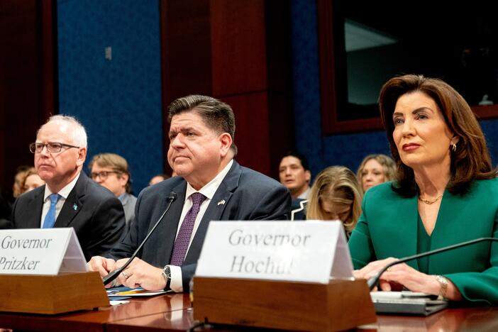 Tim Walz, governor of Minnesota, from left, J.B. Pritzker, governor of Illinois, and Kathy Hochul, governor of New York, during a House Oversight and Accountability Committee hearing in Washington, DC, US, on Thursday, June 12, 2025. For Republicans, the hearing is a chance to amplify an issue important to President Donald Trump and perhaps regain control of the sanctuary narrative after DHS published a list of jurisdictions it identified as hostile to immigration law enforcement, and then pulled it down a…