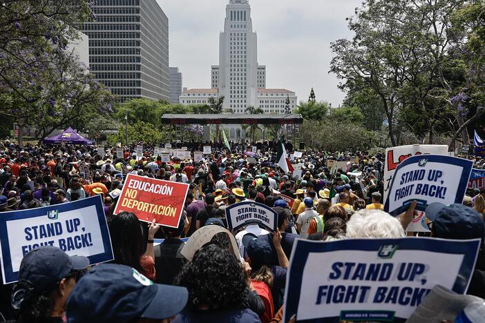 Union members and supporters rally in Grand Park calling for the release of union leader David Huerta, who was arrested during an immigration enforcement action on June 9 in Los Angeles.