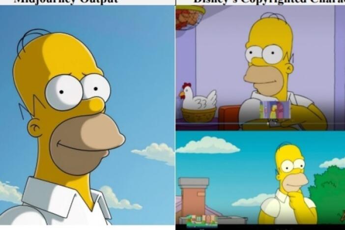 The <a href="https://media.npr.org/assets/artslife/movies/misc/midjourney.pdf"target="_blank"   >lawsuit</a> juxtaposes images of copyrighted characters, such as Disney's Homer Simpson, shown above on the right, beside images output by Midjourney, left.