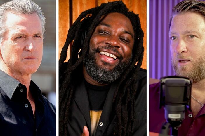 From left: Gavin Newsom; Jason Reynolds; Dave Portnoy.