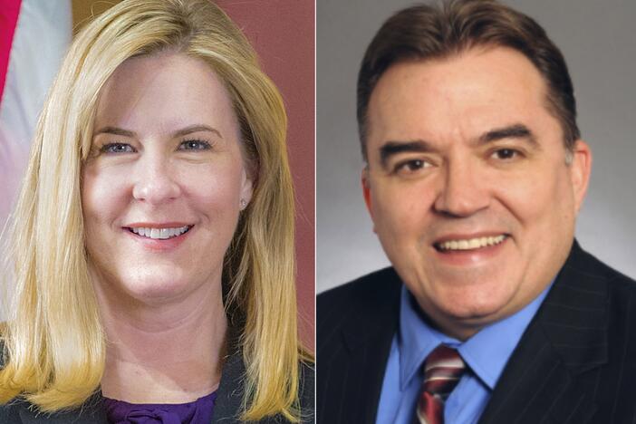 This combo from photos provided by Minnesota Legislature shows Rep. Melissa Hortman, left, and Sen. John Hoffman. Hortman, a former state House speaker, and her husband, Mark, were shot and killed at their home early Saturday, officials said. In a separate incident Hoffman and his wife were shot and wounded at their home.