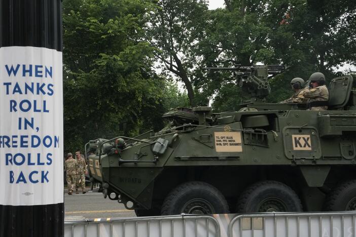 Members of the U.S. Army drive a Stryker infantry carrier vehicle during Saturday's 250th anniversary parade in Washington, D.C.
