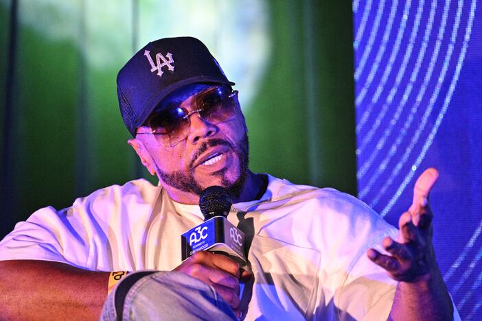 Timbaland speaks at the 2023 A3C conference in Atlanta. The Grammy-winning hip-hop producer has launched an AI music company, Stage Zero, with the goal of creating a stable of digital "artists."