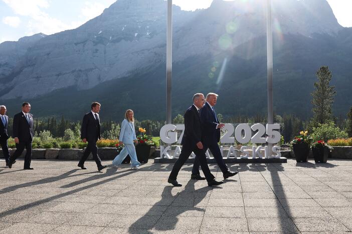 President Trump, Canadian Prime Minister Mark Carney and other G7 leaders depart after a family photo for the summit in Kananaskis, Alberta, Canada on June 16, 2025.