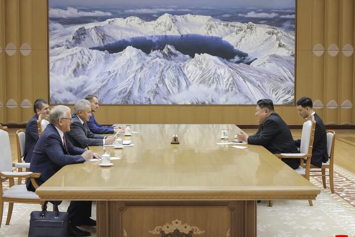In this photo provided by the North Korean government, Russian Security Council Secretary Sergei Shoigu, third left, meets with North Korean leader Kim Jong Un, second right, at the headquarters of the ruling Workers' Party in Pyongyang, North Korea, Tuesday, June 17, 2025. Independent journalists were not given access to cover the event depicted in this image distributed by the North Korean government. The content of this image is as provided and cannot be independently verified. Korean language watermark…