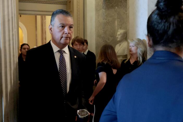 Sen. Alex Padilla, D-Calif., walks to the Senate chambers on Tuesday to deliver his first remarks on the Senate floor since he was forcefully removed from a DHS press conference last week.
