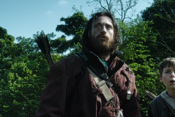 Aaron Taylor-Johnson and Alfie Williams in <em>28 Years Later.</em>