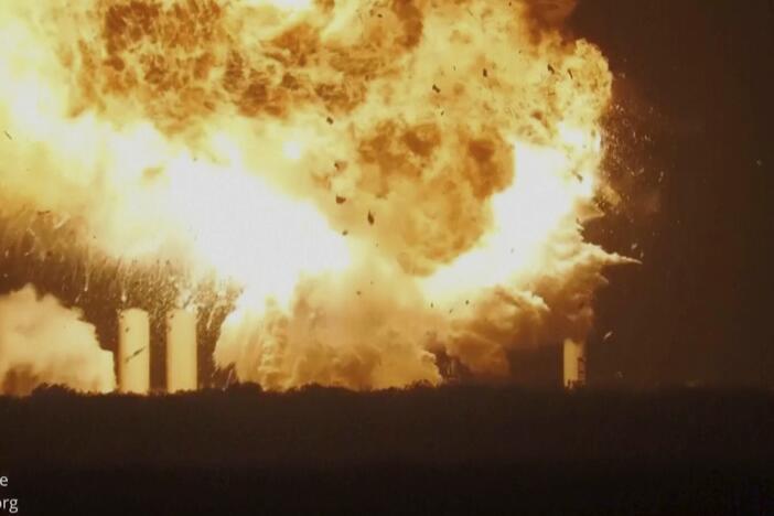 This image provided by rocketfuture.org shows a SpaceX rocket explodes at Starbase, SpaceX's launch site at the southern tip of Texas late Wednesday, June 18, 2025.