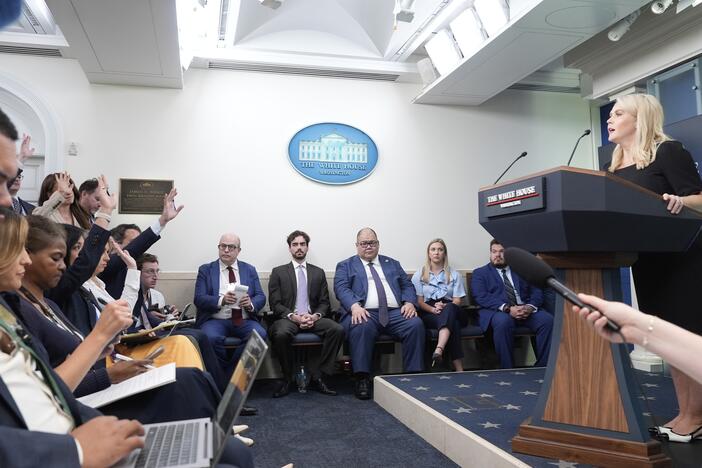 White House press secretary Karoline Leavitt speaks with reporters in the James Brady Press Briefing Room at the White House, Thursday, June 19, 2025, in Washington.
