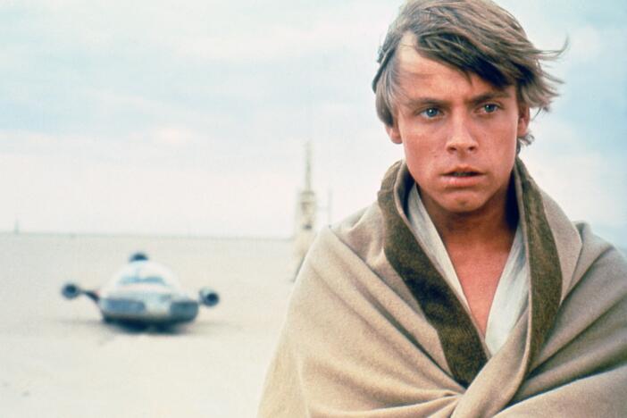 Actor Mark Hamill on the set of <em>Star Wars</em>.