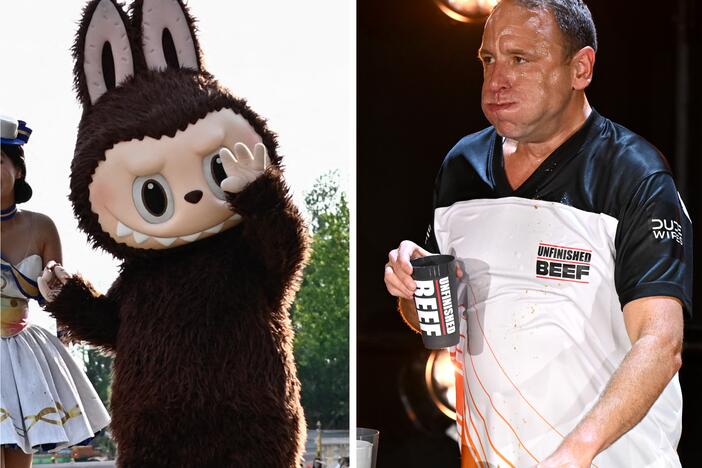 From left: a Labubu, Joey Chestnut, Dominique Thorne.