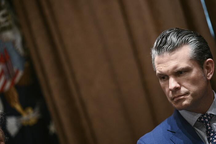 Secretary of Defense Pete Hegseth looks on during a cabinet meeting with President Trump in the Cabinet Room of the White House on April 10.