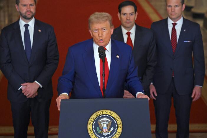 President Trump addresses the nation, alongside (from left) Vice President Vance, Secretary of State Marco Rubio and Secretary of Defense Pete Hegseth, from the White House on Saturday.