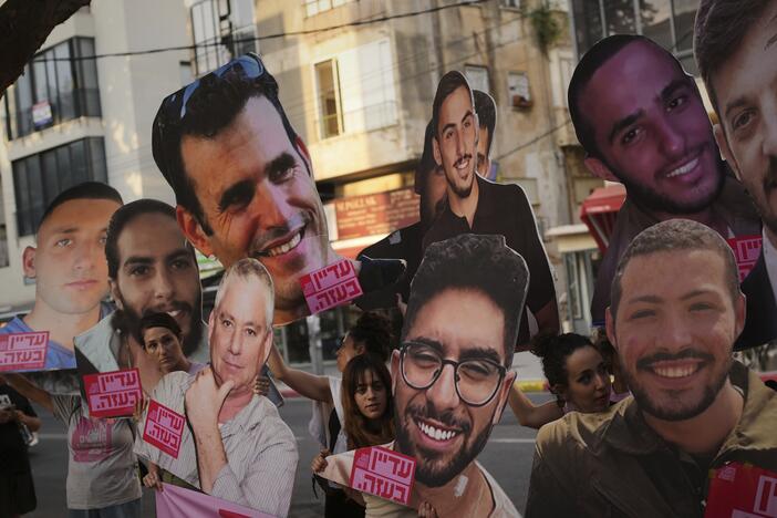 Relatives and supporters of Israeli hostages held by Hamas in Gaza display photos of the captives during a protest demanding their release. in Tel Aviv, Israel, on Saturday, June 21, 2025.