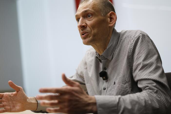 Syarhei Tsikhanouski, a Belarusian opposition activist released from a prison by Belarusian authorities, speaks during an interview with the Associated Press in Vilnius, Lithuania, Sunday, June 22, 2025.