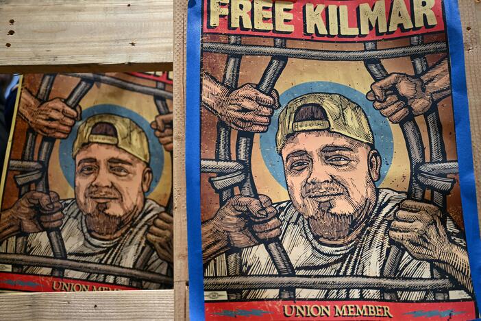 Protestors call for the release of Maryland resident Kilmar Abrego Garcia, who was deported to CECOT prison in El Salvador before the administration of US President Donald Trump admitted he was sent there due to an "administrative error," at a protest in Los Angeles, California, on May 1. Since the protest, Abrego Garcia was returned to the U.S. and has been in federal prison awaiting trial for human smuggling charges.