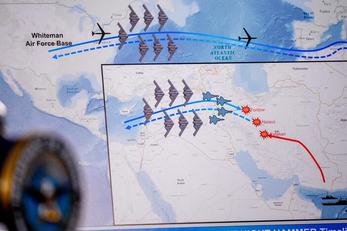 An operational timeline of a strike on Iran is displayed during a news conference with Chairman of the Joint Chiefs of Staff Air Force Gen. Dan Caine and U.S. Defense Secretary Pete Hegseth at the Pentagon on June 22.