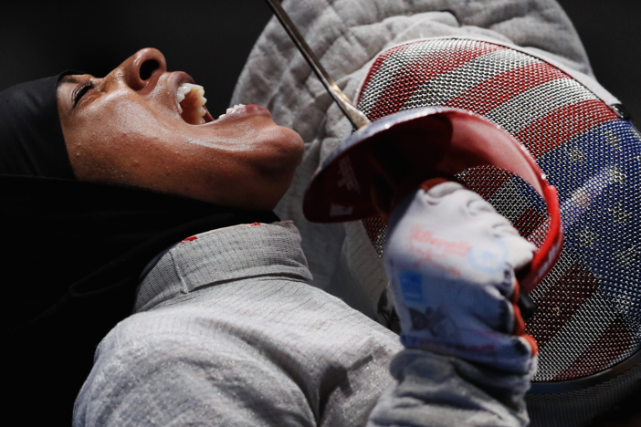Ibtihaj Muhammad of the United States reacts against Sofya Velikaya of Russia during the Women's Sabre Team Semifinal 1 Russia vs United States at Carioca Arena 3 on August 13, 2016 in Rio de Janeiro, Brazil. (Photo by Tom Pennington/Getty Images)