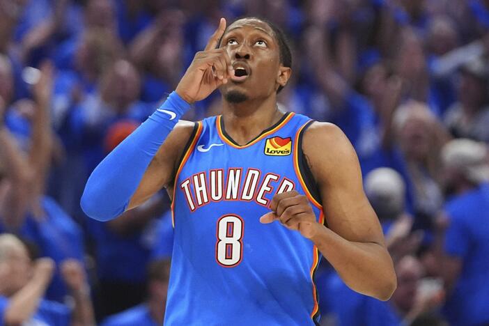 Oklahoma City Thunder forward Jalen Williams reacts after making a 3-pointer during the second half of Game 7 of the NBA Finals against the Indiana Pacers on Sunday. The Thunder defeated the Pacers to win their first NBA title since moving to Oklahoma City.